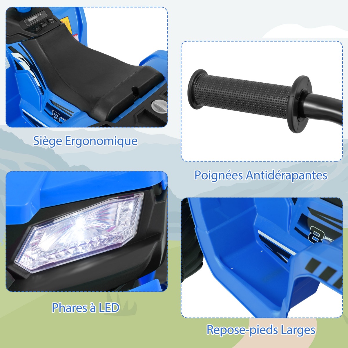 Quadriciclo elétrico infantil 24V com conexão sem fio, azul.