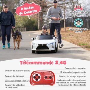 Carrinho elétrico infantil Lexus LC500 branco com controle remoto 2.4G, luzes de LED e música.