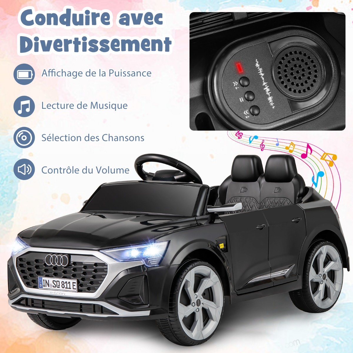 Carrinho Elétrico Infantil 12V Audi SQ8 Licenciado com Controle Remoto, Buzina, Luzes de LED, Música, 3 Velocidades para Crianças a partir de 3 Anos - Preto