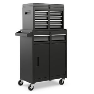 Caixa de ferramentas com 5 gavetas, rodízios com trava e prateleira ajustável - Preta