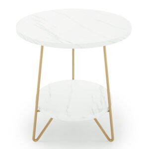 Tribesigns mesa lateral redonda de 2 prateleiras, mármore falso branco e dourado