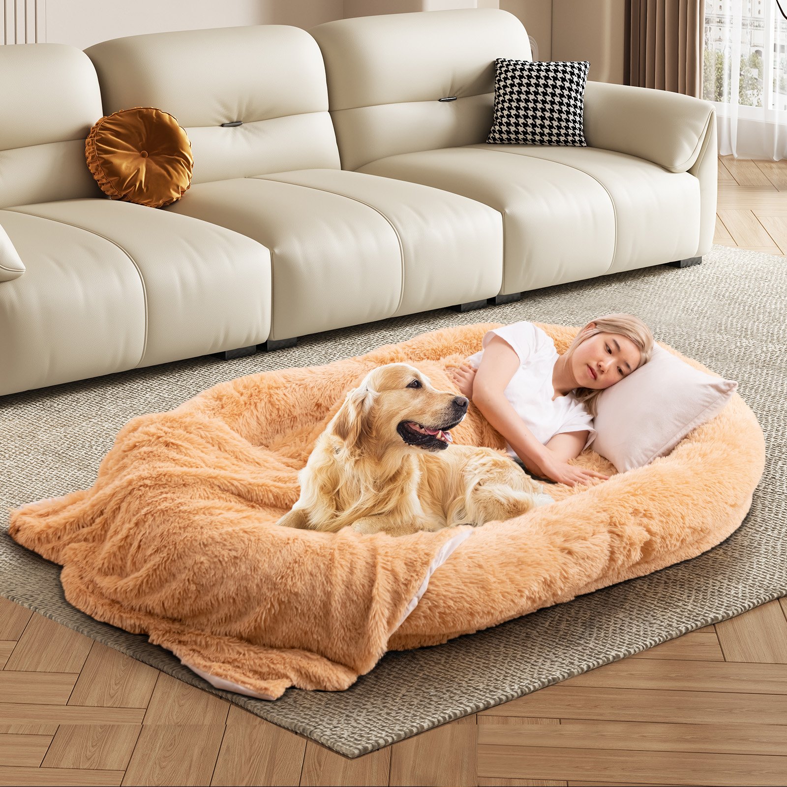 Cama lavável e fofa para cães humanos com cobertor macio e travesseiro fofo - cinza - Image 3