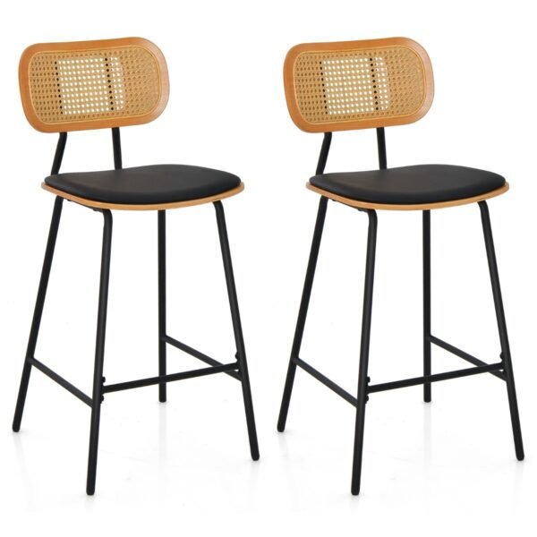 Banquetas altas de bar em couro sintético com encosto em rattan para balcão de bar - Preto