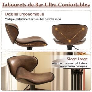 Conjunto de 2 bancos de bar estofados com altura ajustável e encosto de tecido - cinza