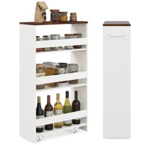 Carrinho de armazenamento com rodas de 4 níveis, carrinho de cozinha estreito de 20 cm com rodas, prateleiras abertas e alça, preto