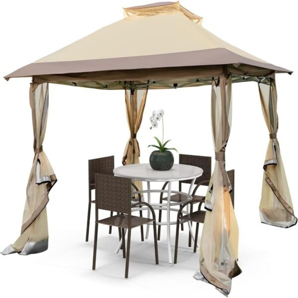 Gazebo dobrável com teto ventilado e cobertura portátil com tela mosquiteira.