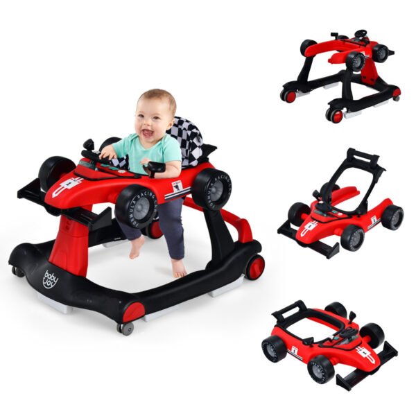 Andador dobrável 4 em 1 para bebês com altura ajustável, vermelho.