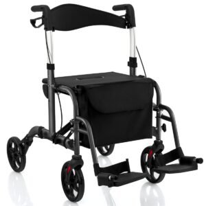 Andador Rollator 2 em 1 com Alça Dobrável Ajustável e Espaço de Armazenamento - Preto