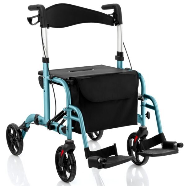 Andador Rollator 2 em 1 com Alça Dobrável Ajustável e Espaço de Armazenamento - Azul