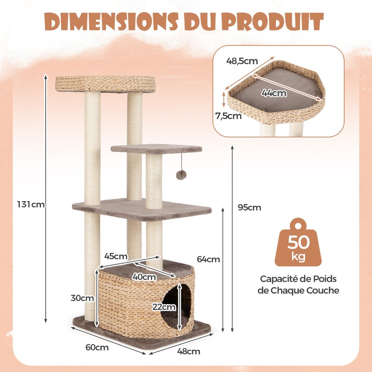 Torre para gatos de 122 cm com postes de arranhar de sisal, poleiro, condomínio, bege - Image 3