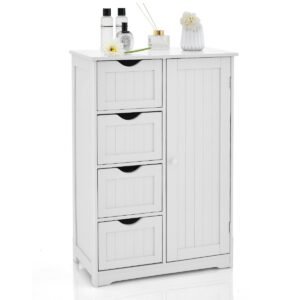 Armário de banheiro com 4 gavetas e 1 fechadura magnética na porta, branco.