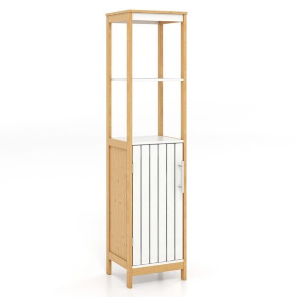 Armário de chão para banheiro com prateleiras na porta e prateleira ajustável - Cor natural
