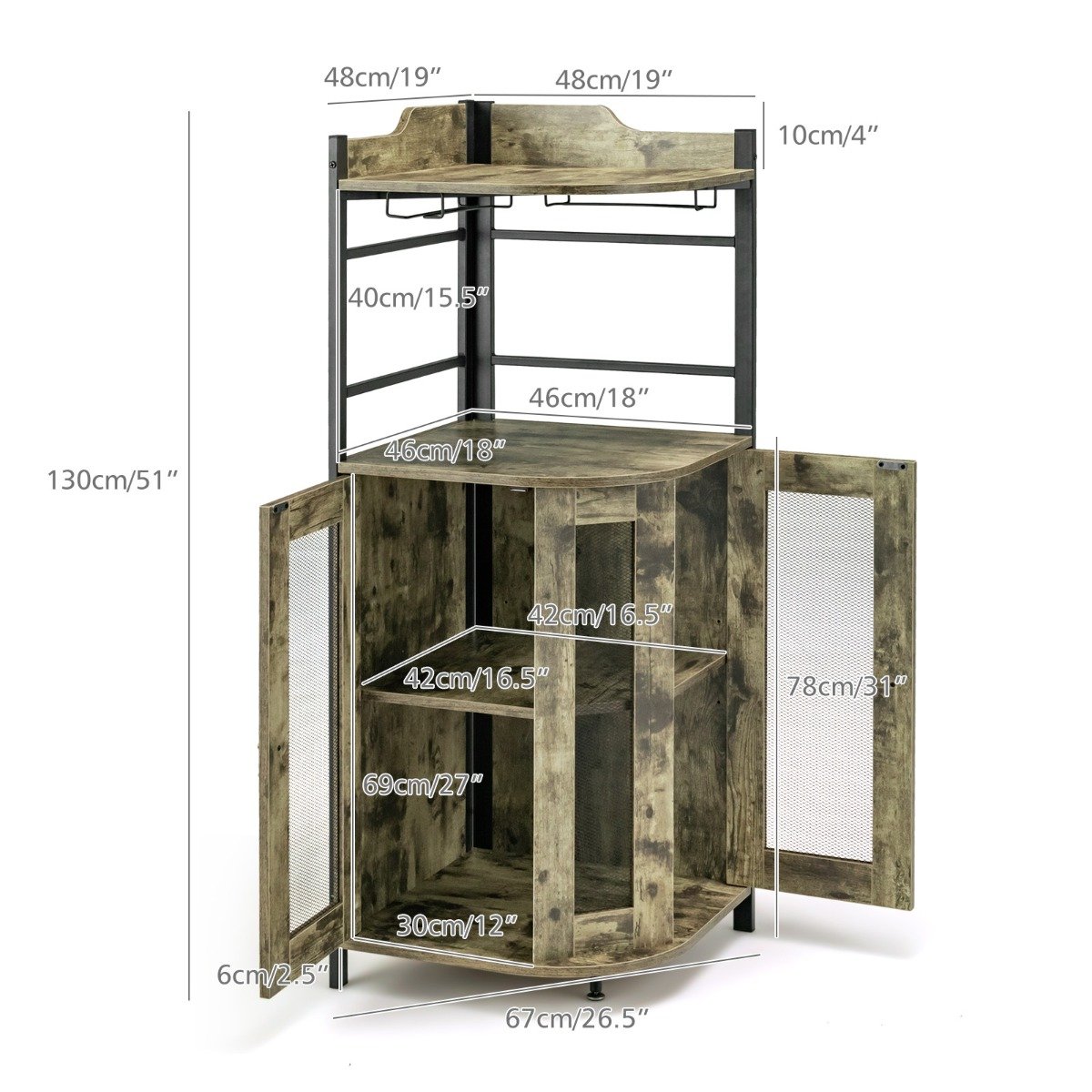 Bar de canto industrial com suporte para copos e prateleira ajustável - marrom rústico - Image 3