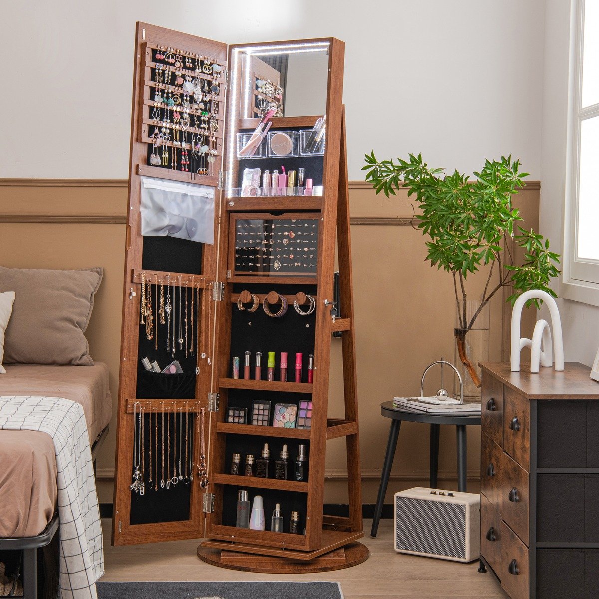 Armário para joias com espelho giratório 360°, 3 modos de cores em LED, com trava - Marrom escuro - Image 2