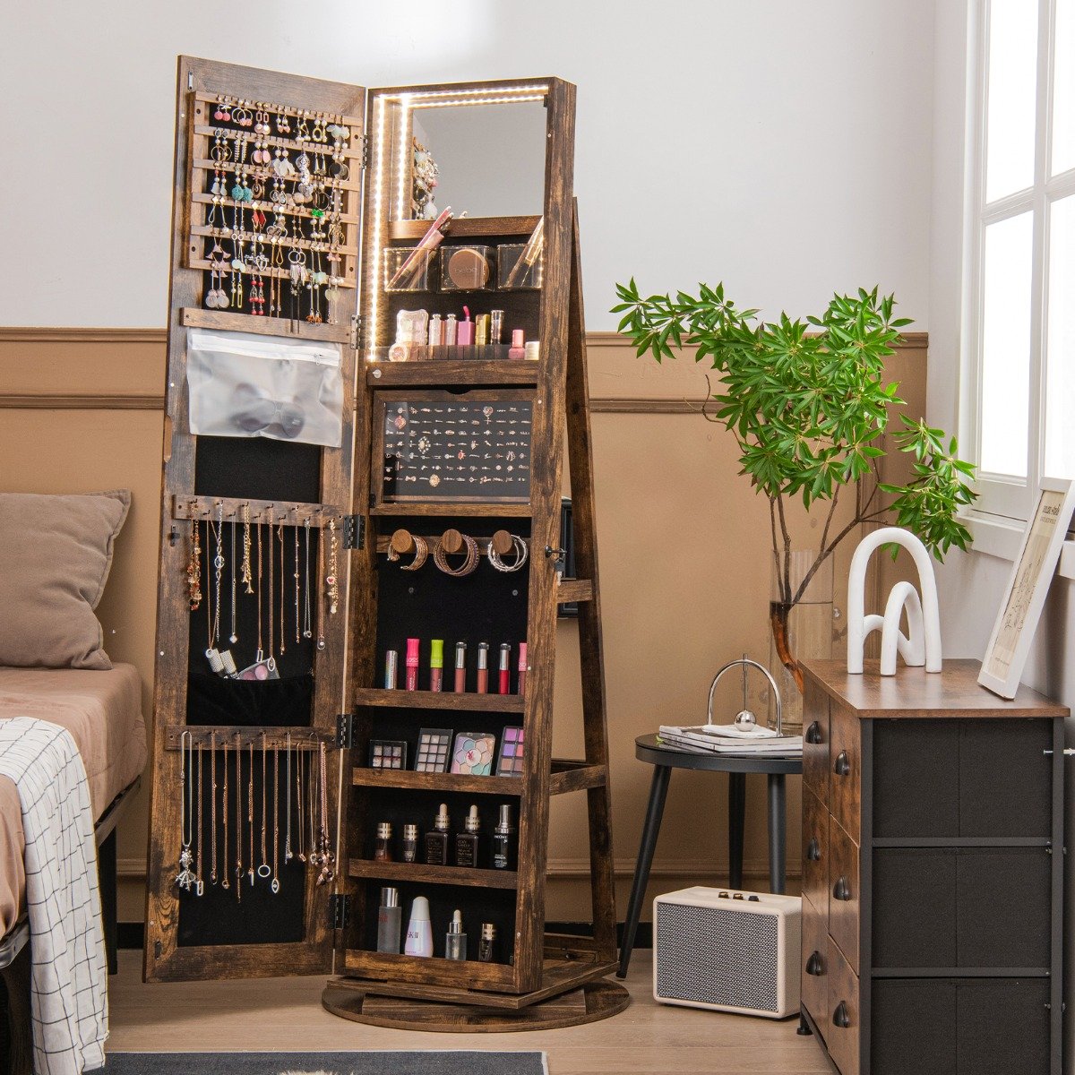 Armário para joias com espelho e rotação de 360°, 3 modos de cores em LED, com trava - Marrom - Image 2