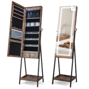 Armário de joias com espelho de chão e iluminação LED em 3 cores, corpo inteiro - Marrom rústico