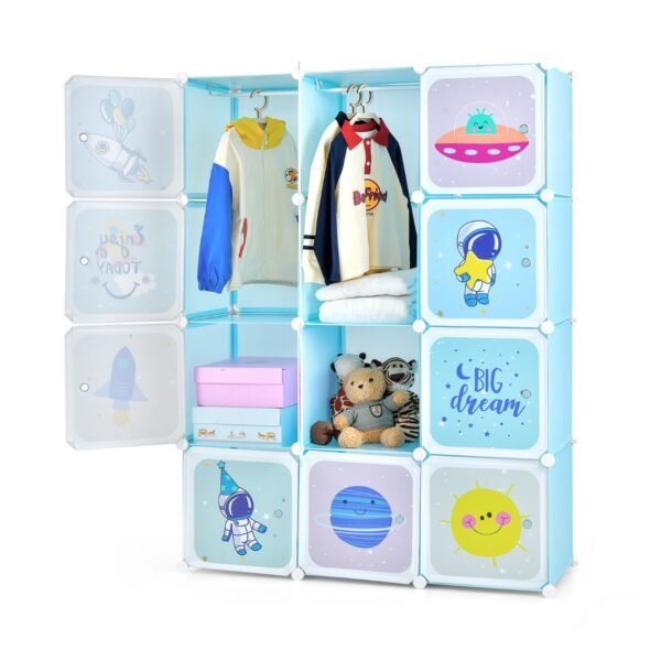 Guarda-roupa infantil portátil com 12 nichos e 2 compartimentos para pendurar roupas - Azul