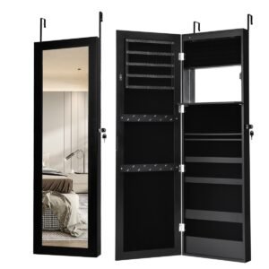 Armário de joias com espelho, fechadura e luzes LED para parede/porta - Preto