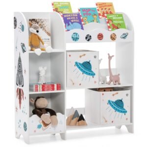 Organizador de brinquedos e livros infantis, armário de madeira com caixas de armazenamento.