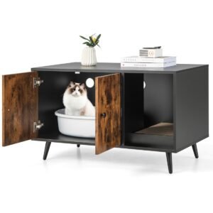 Móvel moderno com caixa de areia oculta para gatos de interior.