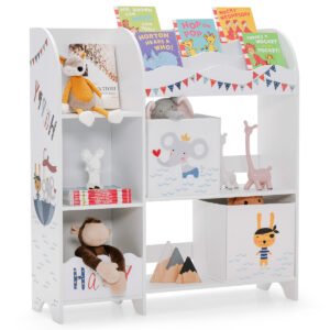 Estante para livros, brinquedos e outros brinquedos com compartimentos organizadores para crianças.