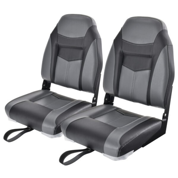 Conjunto de 2 assentos dobráveis ​​para barco com encosto alto, almofada de espuma preta e cinza e dobradiças flexíveis.