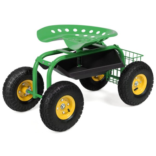 Carrinho de jardim com rodinhas, bandeja para ferramentas e assento para jardinagem - Verde