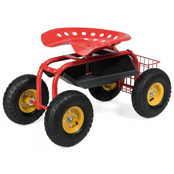 Carrinho de jardim com rodinhas, bandeja para ferramentas e assento para jardinagem - Vermelho