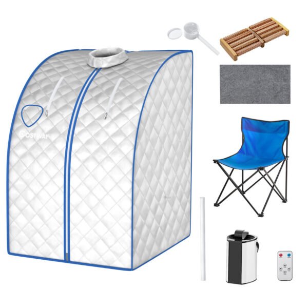 Sauna a vapor portátil com caldeira de vapor de 3L/1000W, controle remoto, cadeira dobrável e compartimento para medicamentos. Sauna a vapor com 9 temperaturas ajustáveis, cor prata.