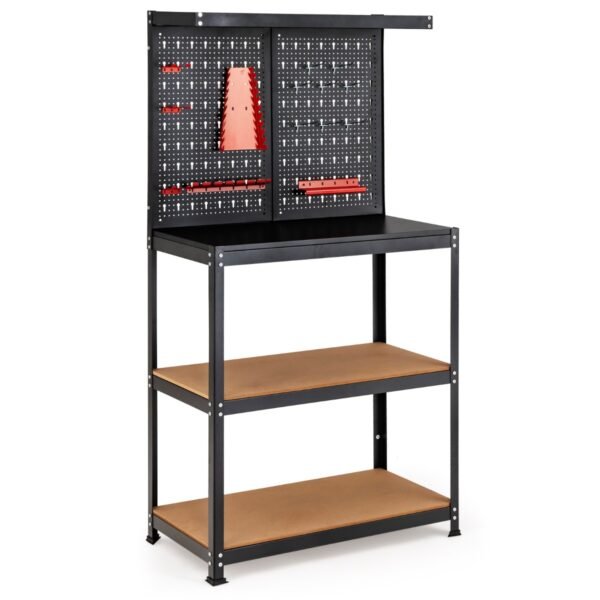 Bancada de ferramentas com painel perfurado e 2 prateleiras inferiores para garagem.
