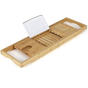 Bandeja organizadora de bambu para banheira com suporte ajustável para livros - cor natural