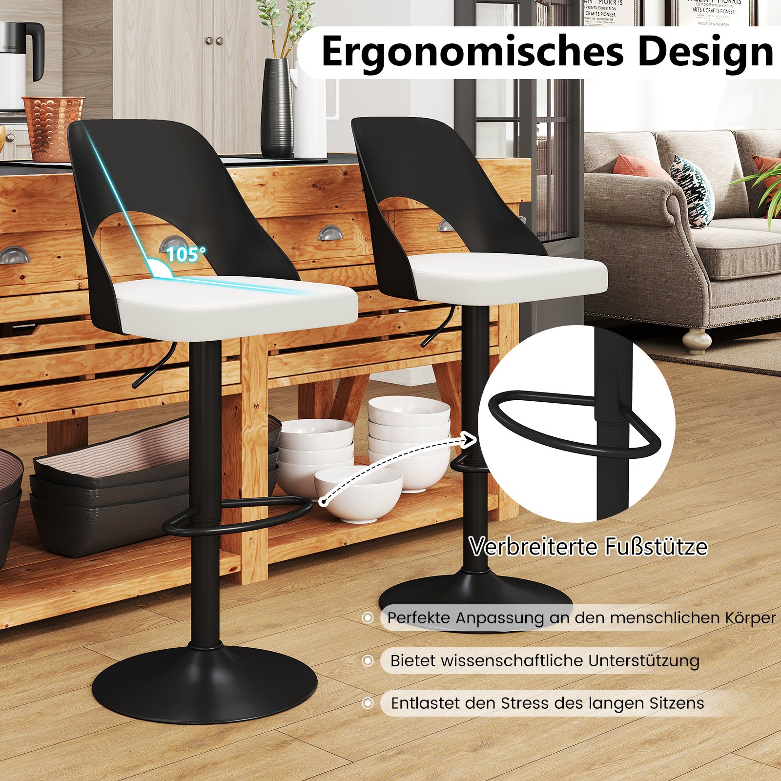 Conjunto de 2 bancos de bar ergonômicos com altura de balcão - Branco - Image 3