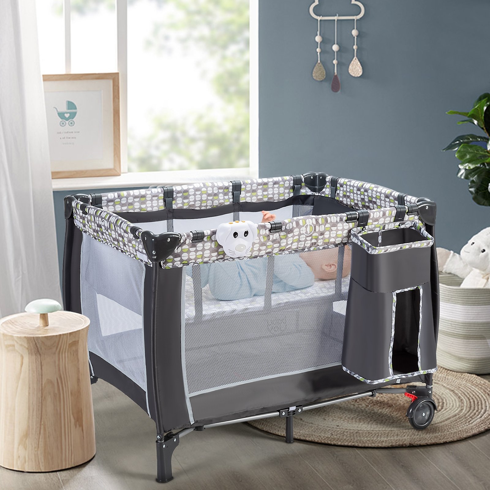 Berço dobrável 4 em 1 com colchão de malha ajustável e removível, trocador, bolsa de transporte e rodas com trava. - Image 2