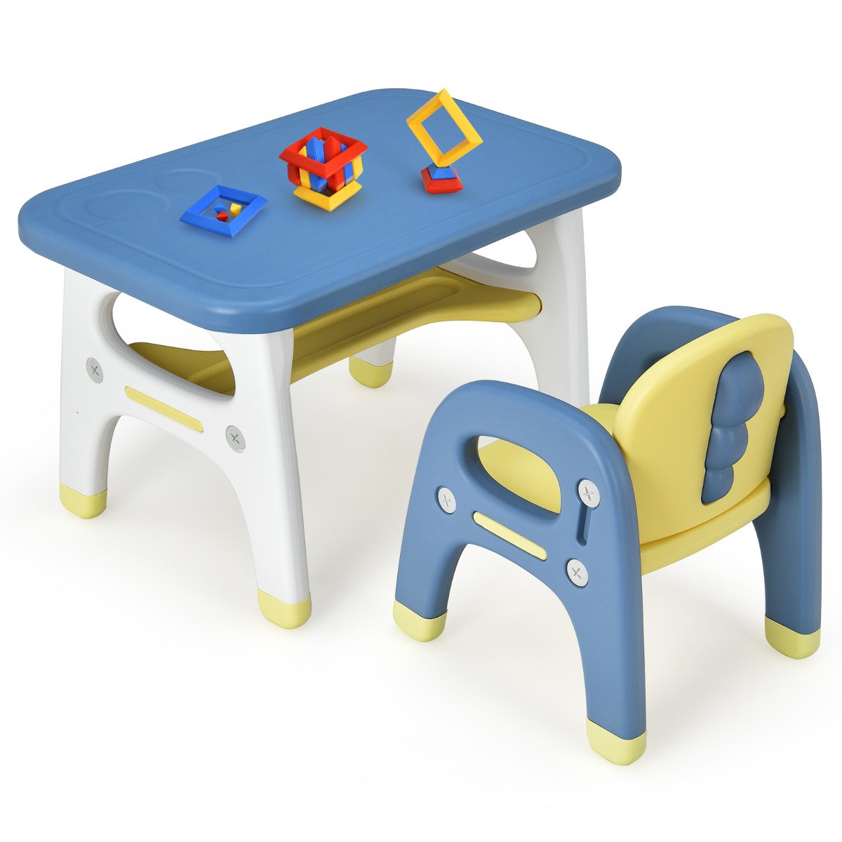 Conjunto de mesa e cadeiras infantis com brinquedos Montessori para pré-escola e jardim de infância - Azul