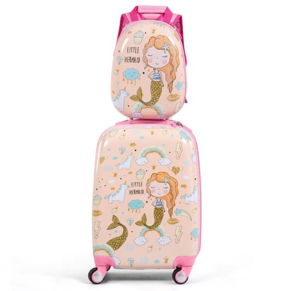 Conjunto de mala de viagem infantil com estampa de sereia e mochila rosa.