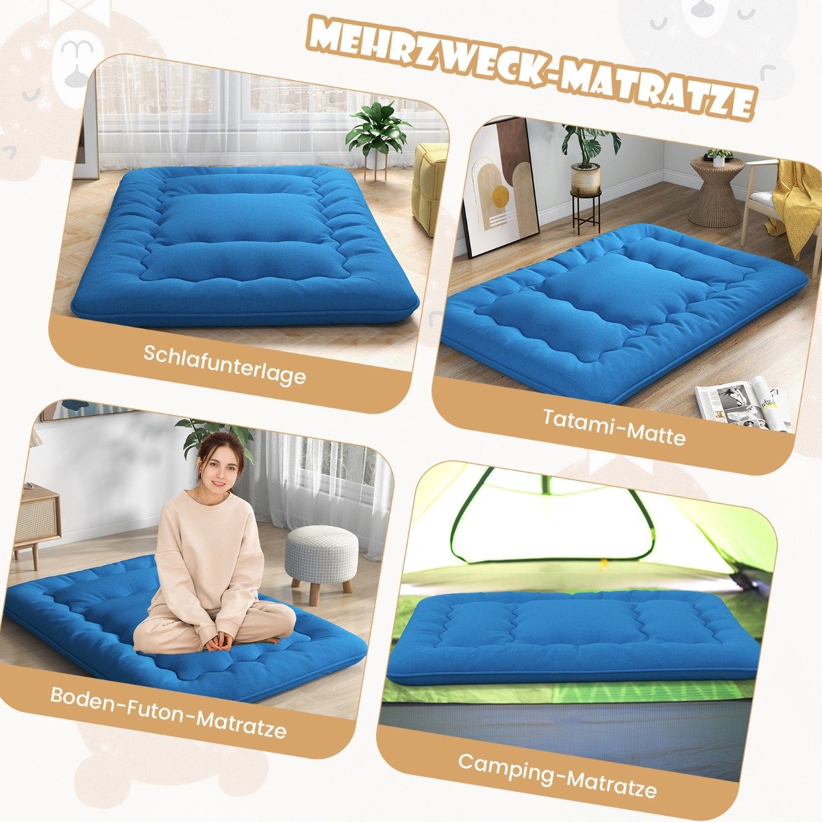 Colchão futon japonês de 90 x 200 cm com capa lavável e bolsa de transporte, tapete tatame azul - Image 3