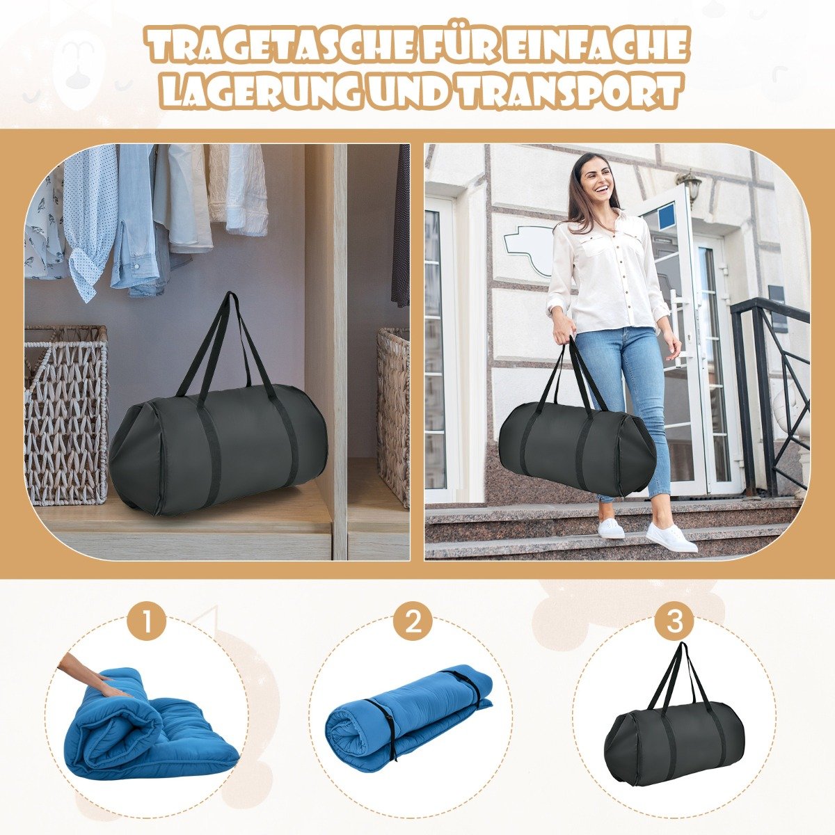 Colchão futon japonês de 90 x 200 cm com capa lavável e bolsa de transporte, tapete tatame azul - Image 2