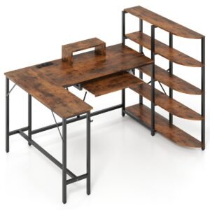 Mesa em L com prateleiras de armazenamento, mesa de canto para computador com estação de carregamento, mesa para jogos com suporte, branca