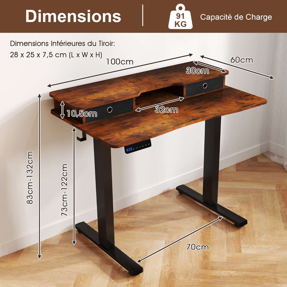 Mesa elétrica para sentar e levantar 100x60 cm com 2 gavetas, suporte para monitor ajustável em altura, prateleira de armazenamento, branca - Image 2