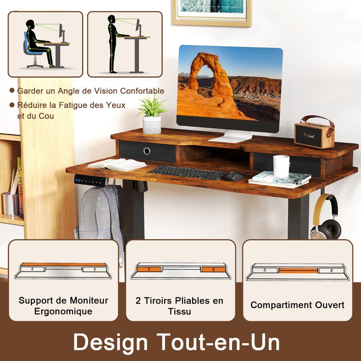 Mesa elétrica para sentar e levantar 100x60 cm com 2 gavetas, suporte para monitor ajustável em altura, prateleira de armazenamento, branca - Image 3