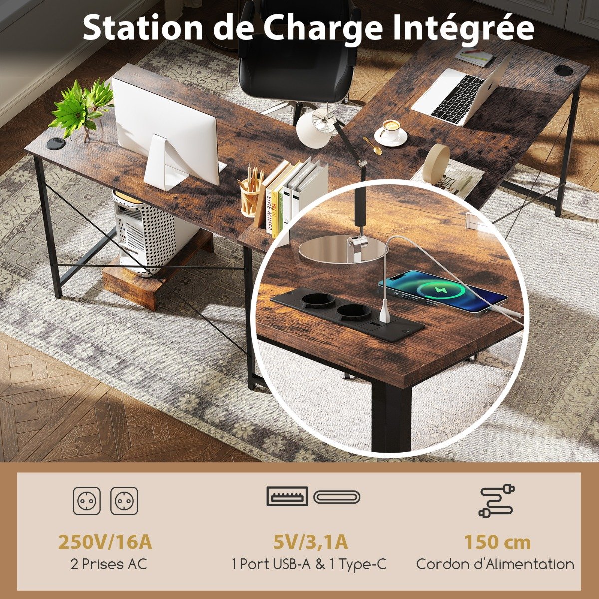 Mesa de computador sobre rodas, mesa de computador móvel com bandeja para teclado removível para escritório doméstico, quarto infantil, marrom - Image 2