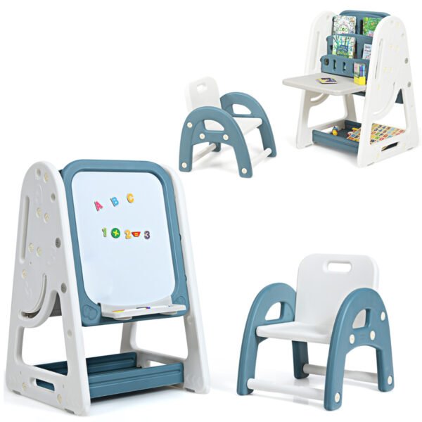 Conjunto infantil 2 em 1 com cavalete, cadeira, suporte para livros e prancheta ajustável para pintura artística - Azul