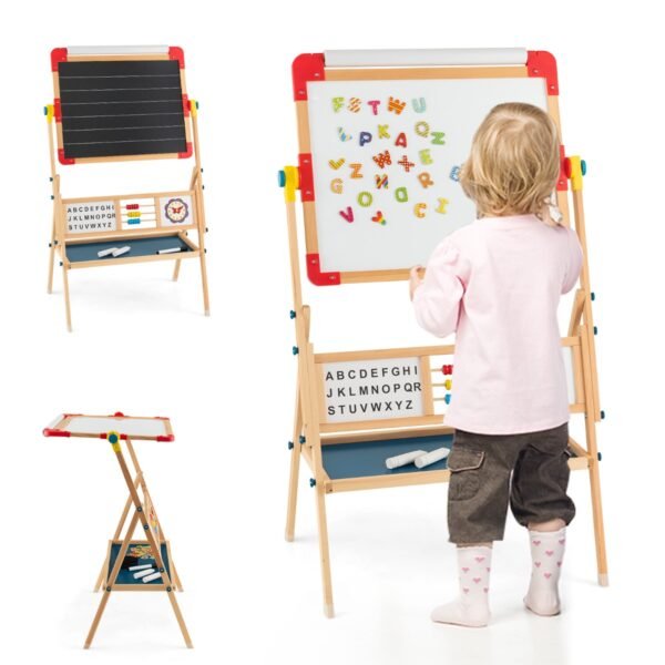 Cavalete de madeira 3 em 1 para desenho infantil com rolo de papel para desenho.