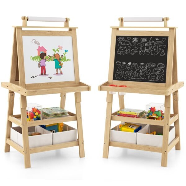 Cavalete de arte infantil de dupla face com rolo de papel - Natural