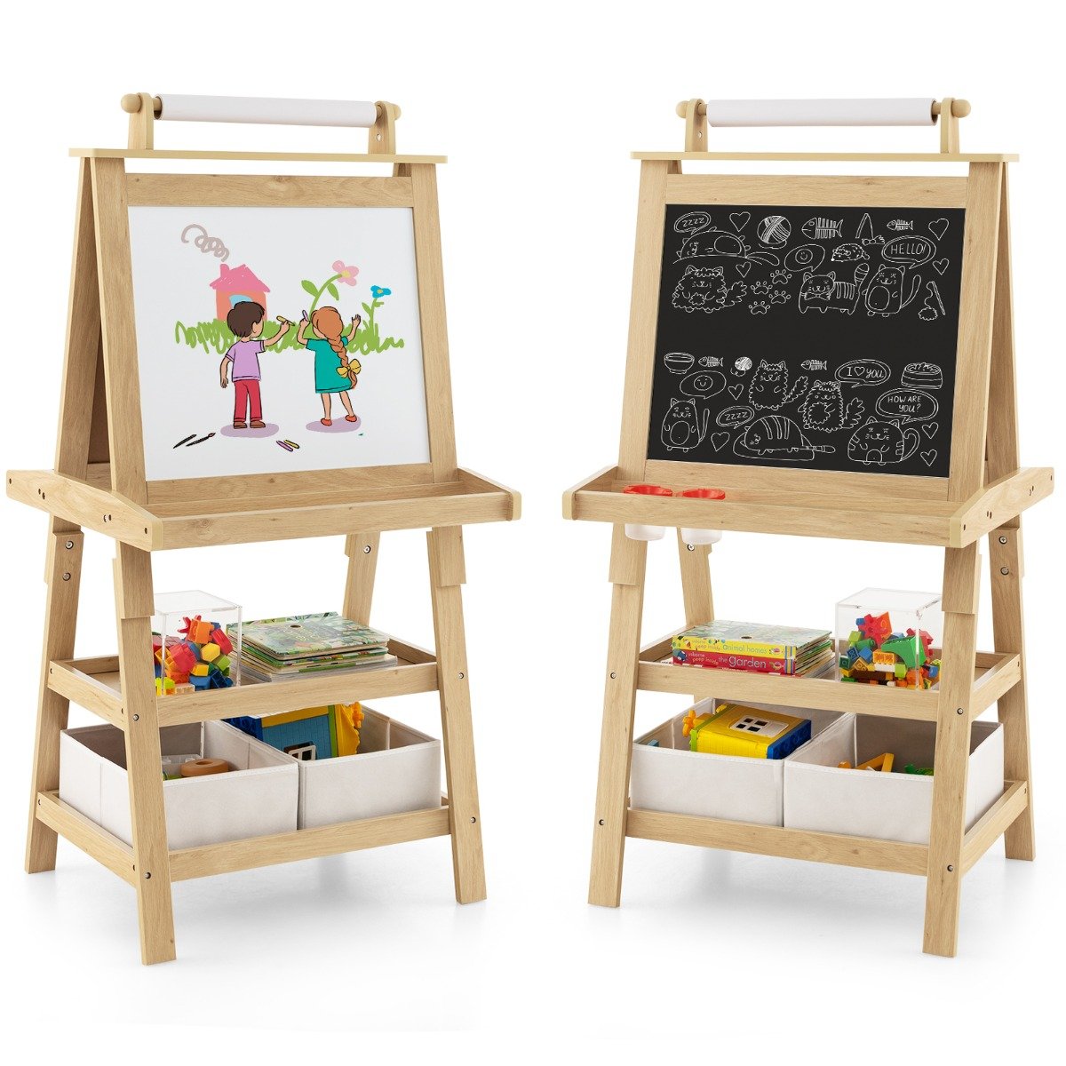 Cavalete de arte infantil de dupla face com rolo de papel - Natural