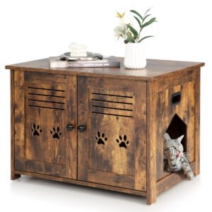 Caixa de areia para gatos com portas duplas venezianas.