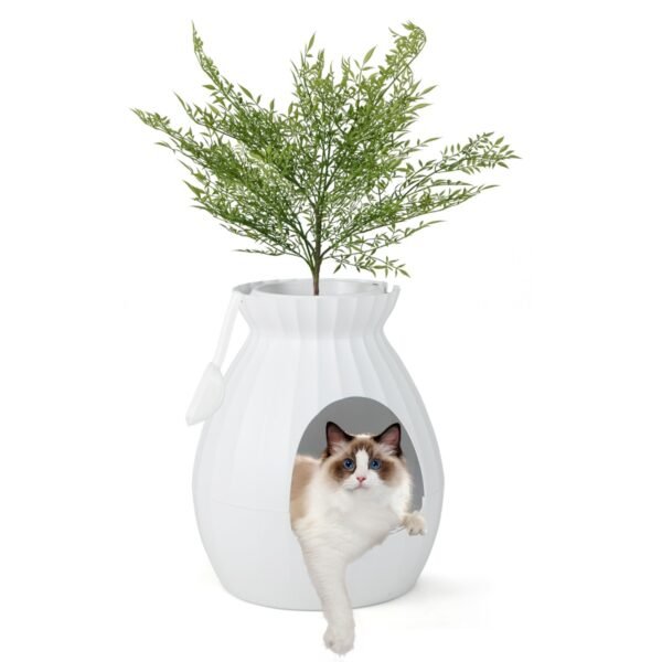 Caixa de areia inteligente para gatos com remoção eletrônica de odores e esterilização em formato de vaso de flores.