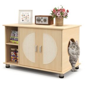Caixa de areia para gatos com portas de sisal para arranhar e pés de metal ajustáveis ​​- Cor natural