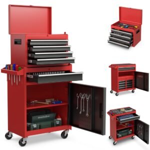 Caixa de ferramentas com rodinhas 2 em 1 com 5 gavetas deslizantes com trava - Azul-marinho