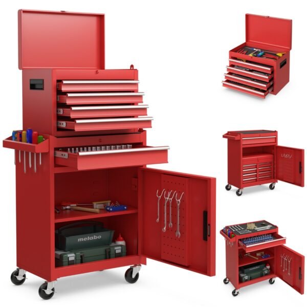 Armário de ferramentas de alta capacidade com rodas traváveis ​​- Vermelho